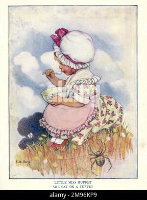 Nursery Rhymes -- Little Miss Muffet, she sat on a tuffet. Stock Photo