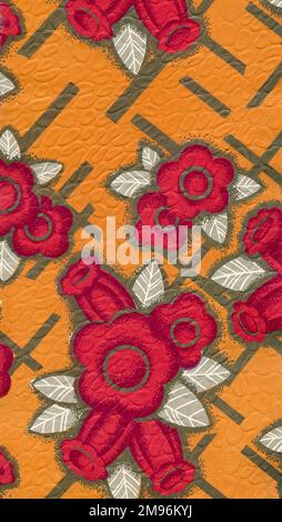 Wrapping Paper Sample Design -- red flowers against an orange and gold geometrical background. Stock Photo