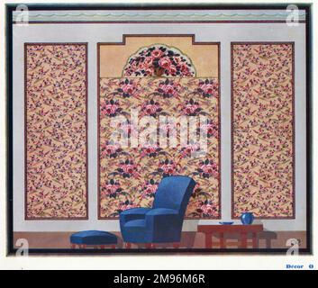 Wallpaper designs shown in a sample interior with an armchair, footstool and table in front. Stock Photo