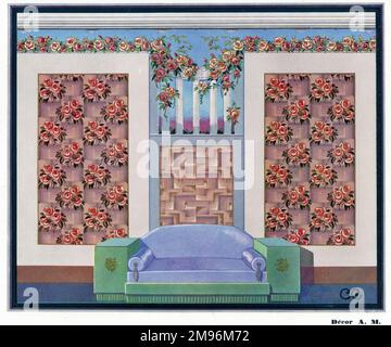 Wallpaper designs shown in a sample interior, with an elegant sofa. Stock Photo