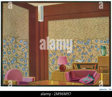 Wallpaper designs shown in a sample sitting room interior. Stock Photo