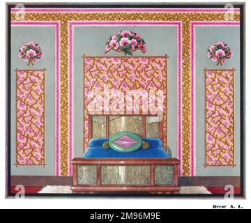 Wallpaper designs shown in a sample bedroom interior. Stock Photo
