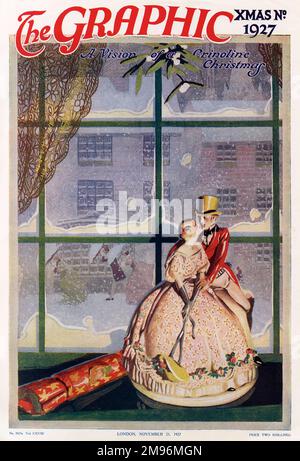 Front cover of the Graphic Christmas Number for 1927 featuring a figurine of a couple on a windowsill while outside, people scurry through the snow. Stock Photo