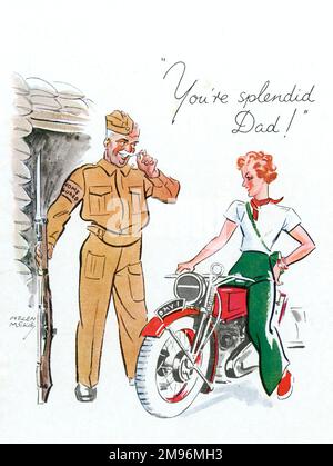 A young woman on a motorbike stops to offer her admiration to her father (or just an older male acquaintance) who twiddles his moustache while in Home Guard uniform.  Note the sandbags and fixed bayonet. Stock Photo