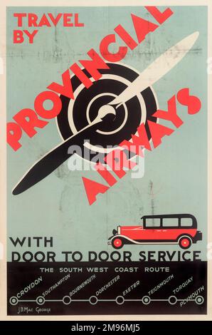 Poster, Travel by Provincial Airways, with a propeller above a red and black car, and details of the south-west coast route from Croydon to Plymouth. Stock Photo