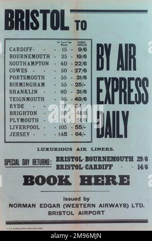 Poster, Norman Edgar (Western Airways) Ltd, showing prices and times from Bristol to various destinations by Air Express Daily, including special day returns. Stock Photo