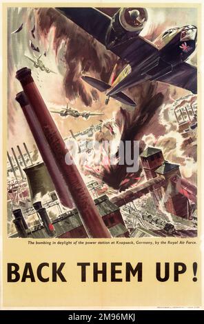 RAF Poster, Back Them Up!, showing a British daylight bombing raid on Knapsack Power Station, near Koln, Germany, during the Second World War. Stock Photo