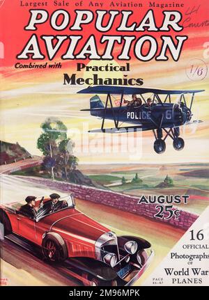 Cover design, Popular Aviation Magazine combined with Practical Mechanics, showing two criminals in a red car being pursued by two policemen in a biplane.  One of the policemen is holding up a Stop sign! Stock Photo