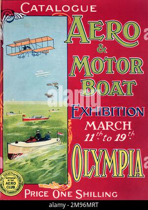 Cover design, catalogue of Aero and Motor Boat Exhibition, 11 to 19 March 1910, at Olympia, west London. Showing a variety of aircraft and boats. Stock Photo