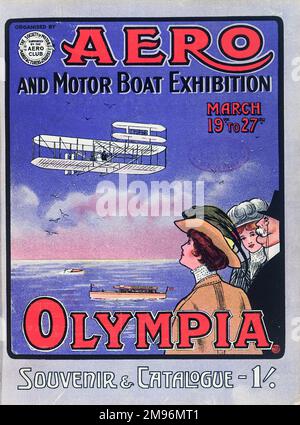 Cover design, catalogue of Aero and Motor Boat Exhibition, 19 to 27 March 1909, at Olympia, west London.  Showing three Edwardian people looking up at one of the latest aircraft designs. Stock Photo