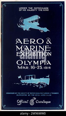 Cover design, catalogue of Aero & Marine Exhibition, 16-25 March 1914, at Olympia, west London, under the patronage of His Majesty the King.  Showing a biplane and a boat in blue on a black background. Stock Photo