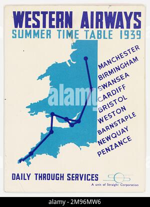 Cover design, Western Airways summer timetable, showing a map with destinations: Manchester, Birmingham, Swansea, Cardiff, Bristol, Weston, Barnstaple, Newquay and Penzance. Stock Photo