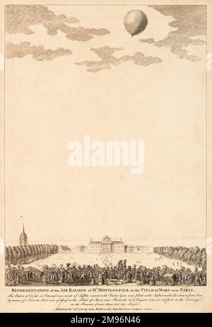 Montgolfier's air balloon above the Champ de Mars, Paris, watched by a large crowd. Stock Photo