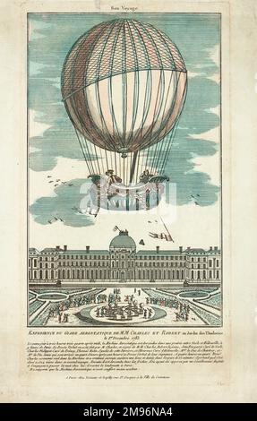 Balloon ascent of Charles and Robert from the Tuileries Gardens, Paris, the first voyage made in a hydrogen balloon.  After sending off a trial hydrogen balloon, Charles designed, and the brothers Robert built, a full-size man-carrier, the fabric of which was made imporous by the Roberts' method of rubberising the cloth.  This was the first modern type balloon. Stock Photo