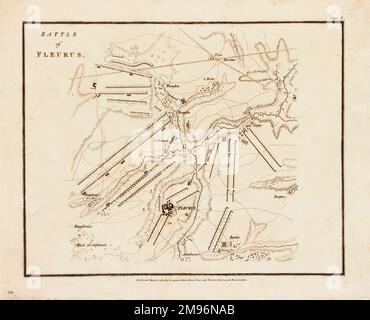 Map of the Battle of Fleurus  -  it was won by the French Army, with the first military use of a reconnaissance balloon. The hydrogen balloon L'Entreprenant was used to pass messages to the ground while the French Republican Army fought the Coalition forces. Stock Photo