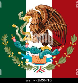 Mexico, coat of arms on the national flag, vector illustration Stock Vector