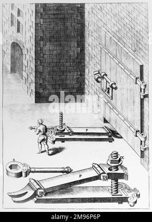 Two detailed drawings of a military siege weapon designed to raise an ememies door of its hinges. Stock Photo