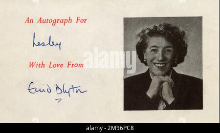 Portrait of Enid Blyton (1897 - 1968), English children's author together with her autograph which reads 'To Lesley'. Stock Photo