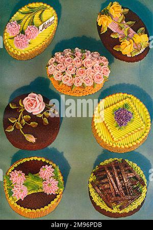 Buttercream decorated iced cakes. Mother cake, Chocolate Cream Filbert, Rose Basket Cake, Chocolate Filbert Cake, Bavarian Cream Cake, Mocha Sponge Cake, Bavarian Cream Tourte Stock Photo