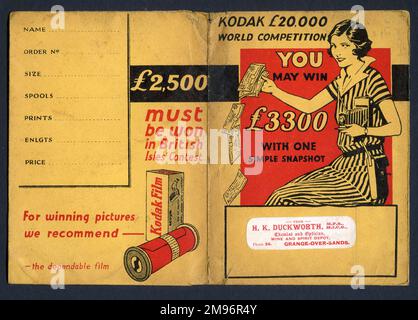 Photographic print wallet, advertising Kodak, with the developer's label, H K Duckworth, Chemist and Optician, Grange-over-Sands. Stock Photo
