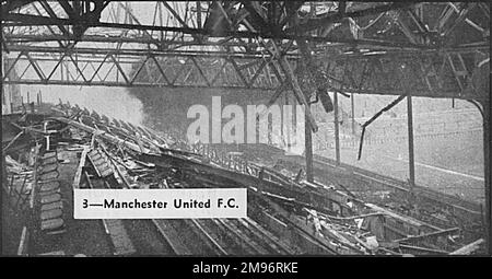 The bomb damaged main stands at Old Trafford, the home of Manchester United Football Club following bombing raids on the city during World War Two. Stock Photo