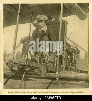 Wicker chair and foot control of ailerons in Sommer's Farman biplane Stock Photo