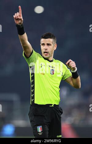 The referee Antonio Giua gestures during the Italian championship Serie A football match between AS Roma and ACF Fiorentina on January 15, 2023 at Stadio Olimpico in Rome, Italy - Photo: Federico Proietti/DPPI/LiveMedia Stock Photo