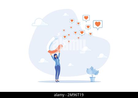 Social media marketing, SNS or social network service, influencer or online advertising, customer engagement to attract user like concept, flat vector Stock Vector