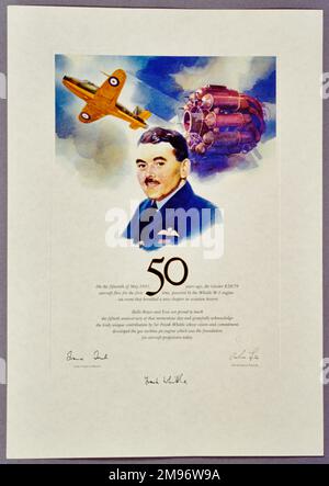 Commemorative certificate / 50th anniversary of first flight of the Gloster E28/39, facsimile. Sig. Of  F. Whittle Stock Photo