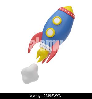 3D render. Cartoon rocket flying up. A symbol of space, startup, achievement of goals. 3D plastic business icon for website, application and user inte Stock Photo