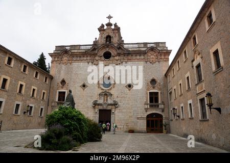 Caimari, Mallorca, Spain. The Pollenca, Santuari de Luc Monasterial Church exterior  built in 1662 AD within a courtyard. Stock Photo