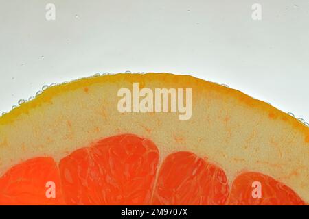 Close-up of a grapefruit slice in liquid with bubbles. Slice of red ripe grapefruit in water. Close-up of fresh grapefruit slice of red on white backg Stock Photo