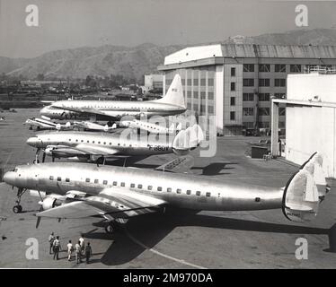 A ‘family portrait’ of Lockheed airliners. From rear: Lockheed Constitution, Lockheed Electra (left), Lockheed Model 14 (middle), Lockheed Lodestar (right), Lockheed Constellation and Lockheed Super Constellation. Stock Photo