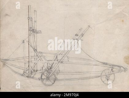 Sir George Cayley’s sketch of a car of a man-carrying aeroplane, possibly that of the coachman-carrying machine, showing the bell-crank levers and connecting rods, wheel brakes, etc. circa 1853. Stock Photo