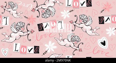 Seamless love Pattern, cupid shooting arrows with heart, flowers, word love from newspaper letters. Modern valentine's day collage, wrapping paper, ba Stock Vector