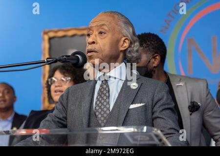 New York, New York, USA. 16th Jan, 2023. (NEW) National Action Network Marks Martin Luther King Jr. Day. January 16, 2023, New York, New York, USA: Rev. Al Sharpton speaks during a Martin Luther King Jr. Day event in Harlem on January 16, 2023 in New York City. (Credit Image: © M10s/TheNEWS2 via ZUMA Press Wire) EDITORIAL USAGE ONLY! Not for Commercial USAGE! Stock Photo