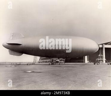A former US Navy Goodyear K-Series airship at the USN Air Station, Lakehurst, NJ, after purchase by the Douglas Leigh Sky Advertising Corp. Stock Photo