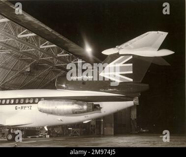 Hawker Siddeley HS121 Trident 3B, G-AWYZ, in BEA markings, being rolled out at Hatfield. Stock Photo