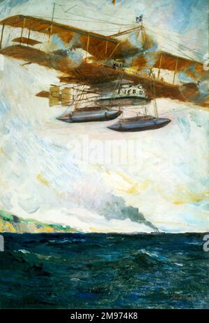 Oil on board by Cyrus Cuneo of an imaginary flying boat belived to have been once owned by Claude Grahame-White. Stock Photo