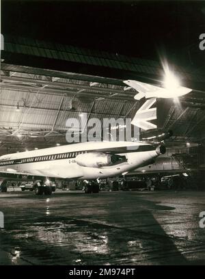 Hawker Siddeley HS121 Trident 3B, G-AWYZ, in BEA markings, being rolled out at Hatfield. Stock Photo