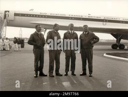 The French crew in Toulouse after Concorde’s first flight on 2 March 1969. From left: Henri Perrier, flight engineer; Jean Guignard, test pilot; André Turcat, chief test pilot and Michel Rétif, flight engineer. Stock Photo