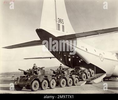 Three Saladins, together weighing 33 tons, are unloaded from Short SC-5 Belfast CMk1, XR365, Hector. Stock Photo