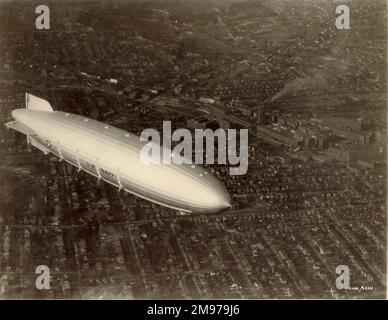 The US Navy airship ZRS-4 Akron in flight. Stock Photo