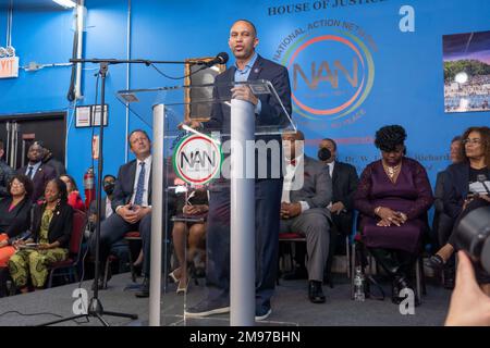 New York, New York, USA. 16th Jan, 2023. (NEW) National Action Network Marks Martin Luther King Jr. Day. January 16, 2023, New York, New York, USA: House Minority Leader Hakeem Jeffries (D-NY) speaks during a Martin Luther King Jr. Day event in Harlem on January 16, 2023 in New York City. (Credit Image: © M10s/TheNEWS2 via ZUMA Press Wire) EDITORIAL USAGE ONLY! Not for Commercial USAGE! Stock Photo