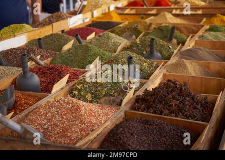 Herbs and spices for sale in market, Syracuse, Sicily Stock Photo
