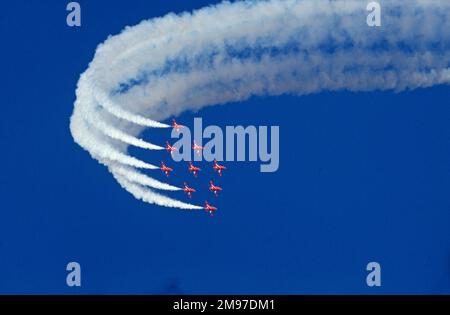 RAFAT RAF Red Arrows BAe Systems Hawks flying the Diamond Bend at RAF Finningley in 1983 Stock Photo
