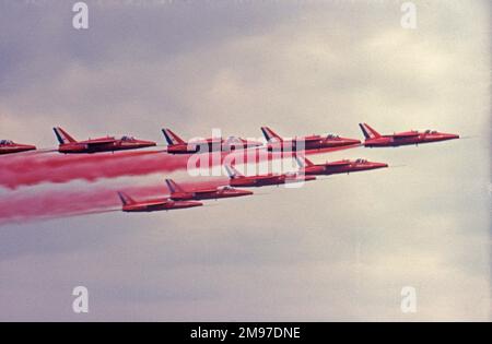 RAFAT RAF Red Arrows Folland Gnats close formation with red smoke Stock Photo