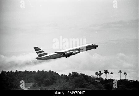 Convair CV880M VR-HGA of Cathay Pacific taking off at Kuala Lumpur on 31 August 1969 Stock Photo