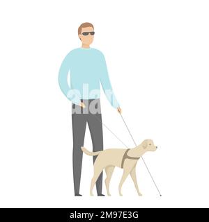 Man with blindness walking with guide dog. Vector illustration. Stock Vector