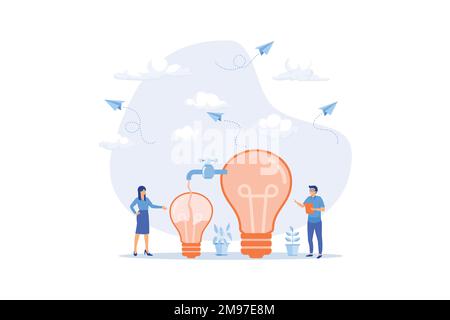 Sharing idea or knowledge sharing, transfer information or wisdom to employees or colleagues, creativity or innovation, learning new skills concept, f Stock Vector